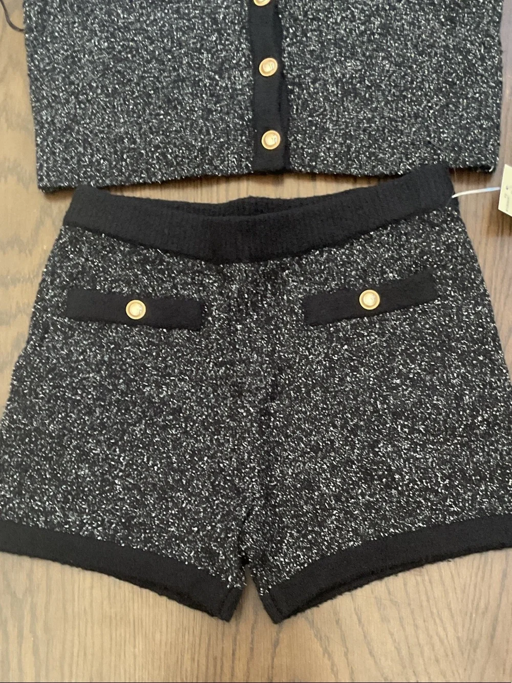 GUESS Black & Silver Tweed Two-Piece Short Set with Gold Buttons